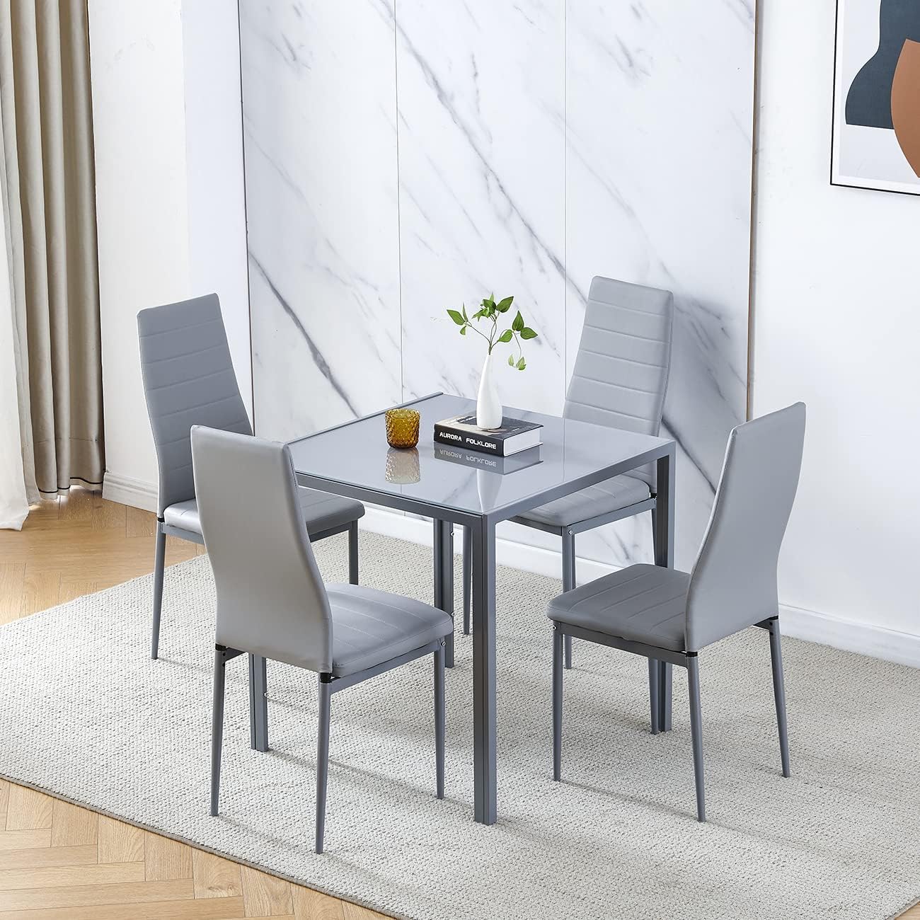 Homullel Square Dining Table and Chairs Set, Light Grey Glass Tabletop ...
