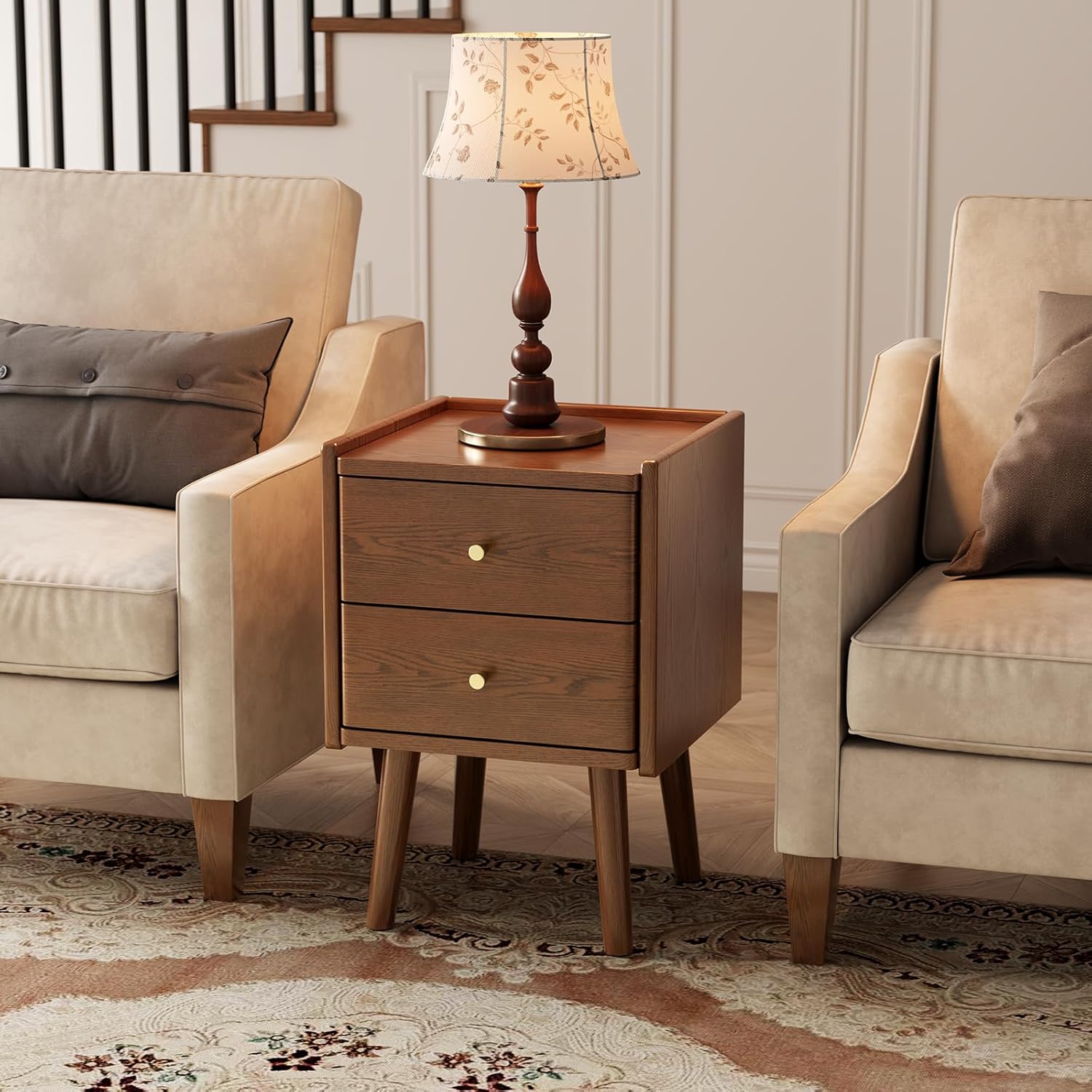 Walnut Nightstand, Solid Wood Nightstand, Modern Night Stand with Drawers, Wood Night Stand, End Table with Storage, Small Bedside Tables for Small Spaces, Walnut Bedside Table (23.6" H)