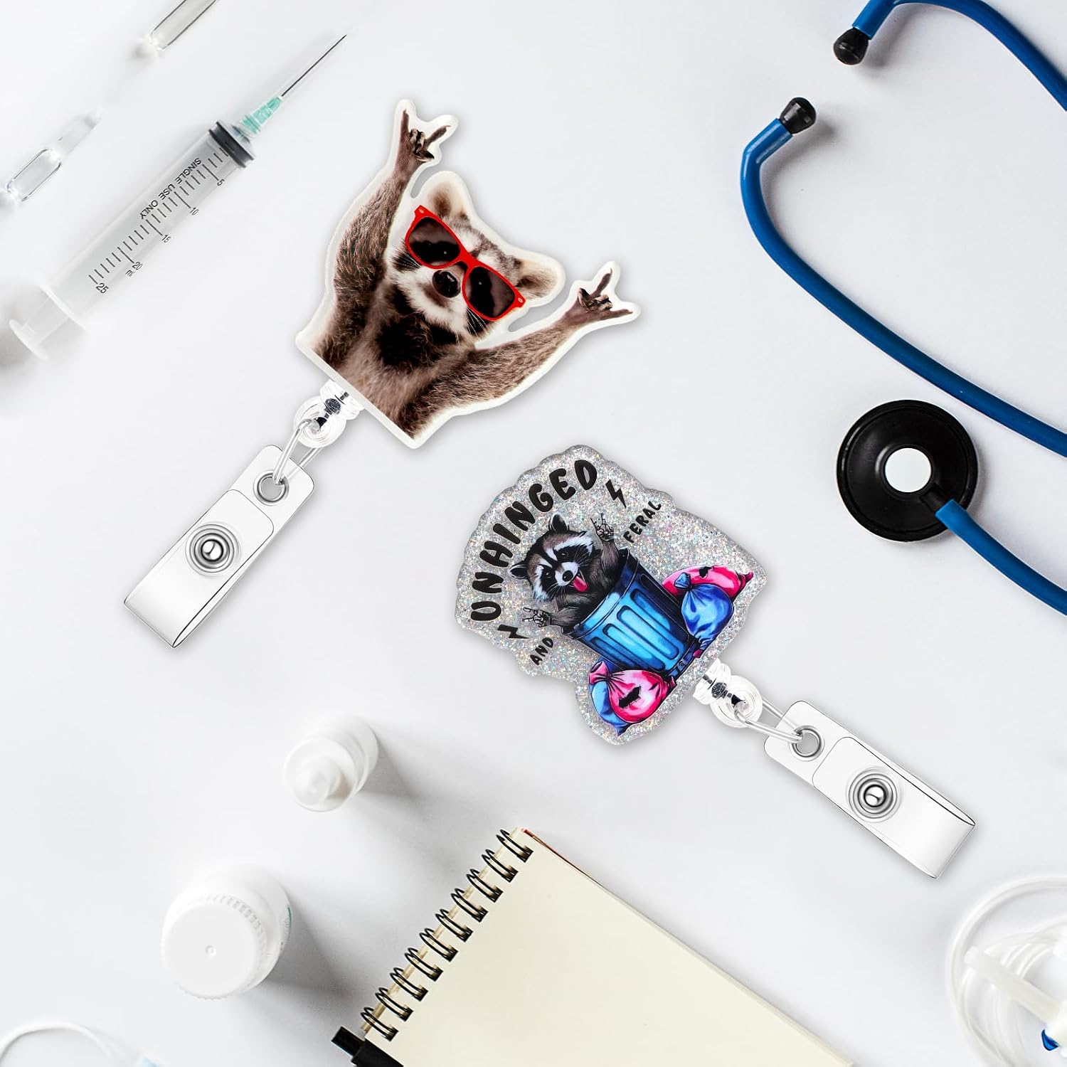 Tmatins 2Pcs Funny Raccoon Badge Reels for Nurses，Hospital Nurse ID Holder thumbnail