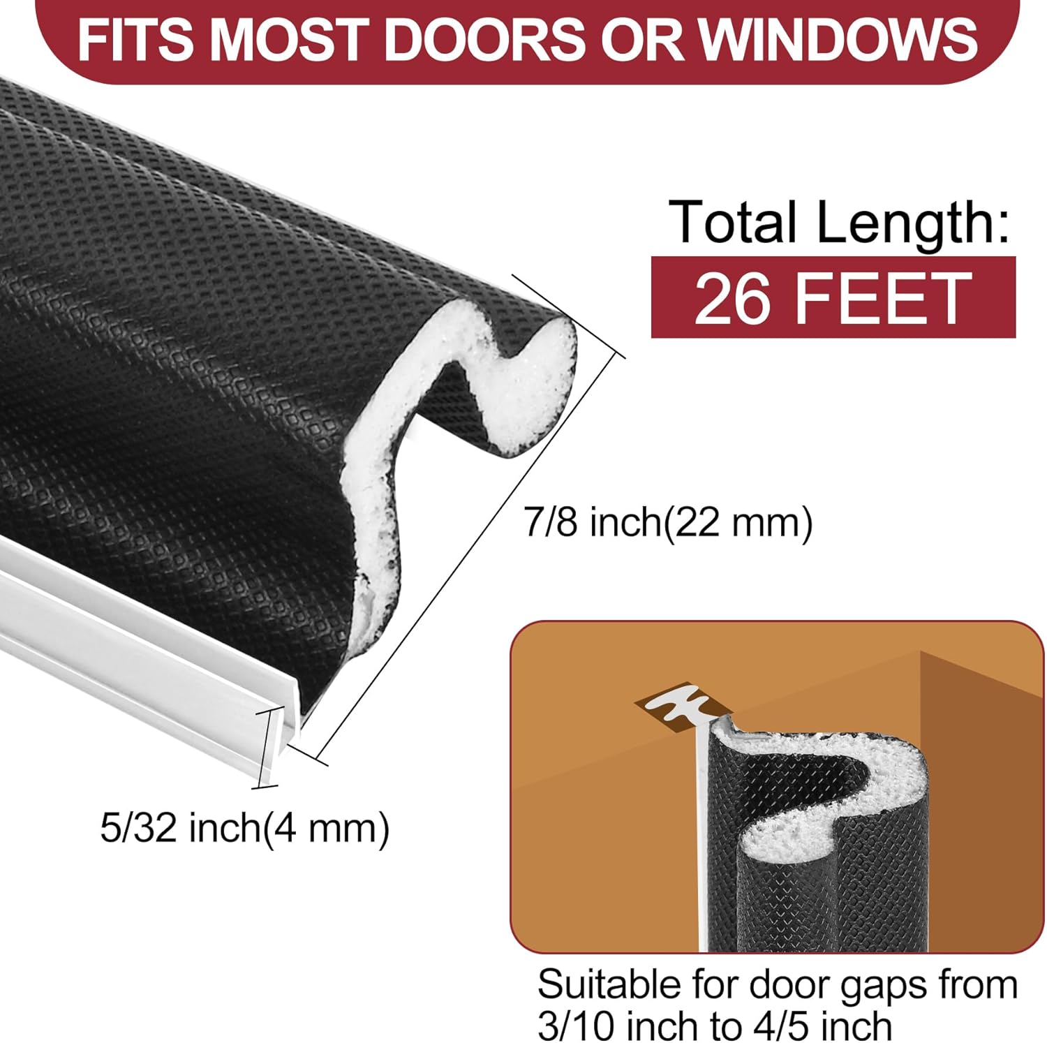 Kerf Door Weather Stripping 26 Ft V-Shaped Door Seal Strip for Large Gap Door Frame Front Door Extra Thick Sealers Replacement Exterior Entry Door Jamb Gasket Easy Installation Cut to Size - Black