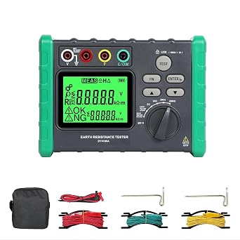 Earth Resistance Tester Digital Grounding Resistance Meter 0.03-2000 Ground Resistance Ground Voltage Tester Backlight LCD Display Data Hold Soil Resistivity Measurements