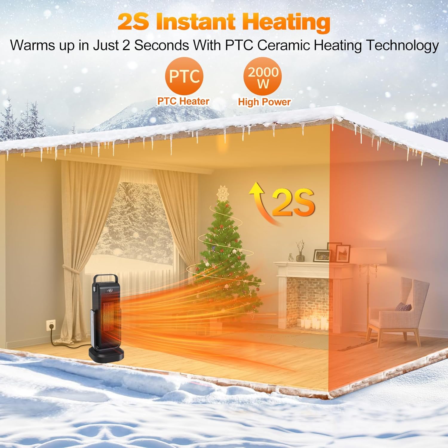 Space Heater for Indoor Use, Portable Heater 60° Up/Down Adjustment 70° Oscillat, 1500W PTC Electric Heater with Thermostat 12H Timer Remote Control, Over Heat& Tip-over Protection for Bedroom Office