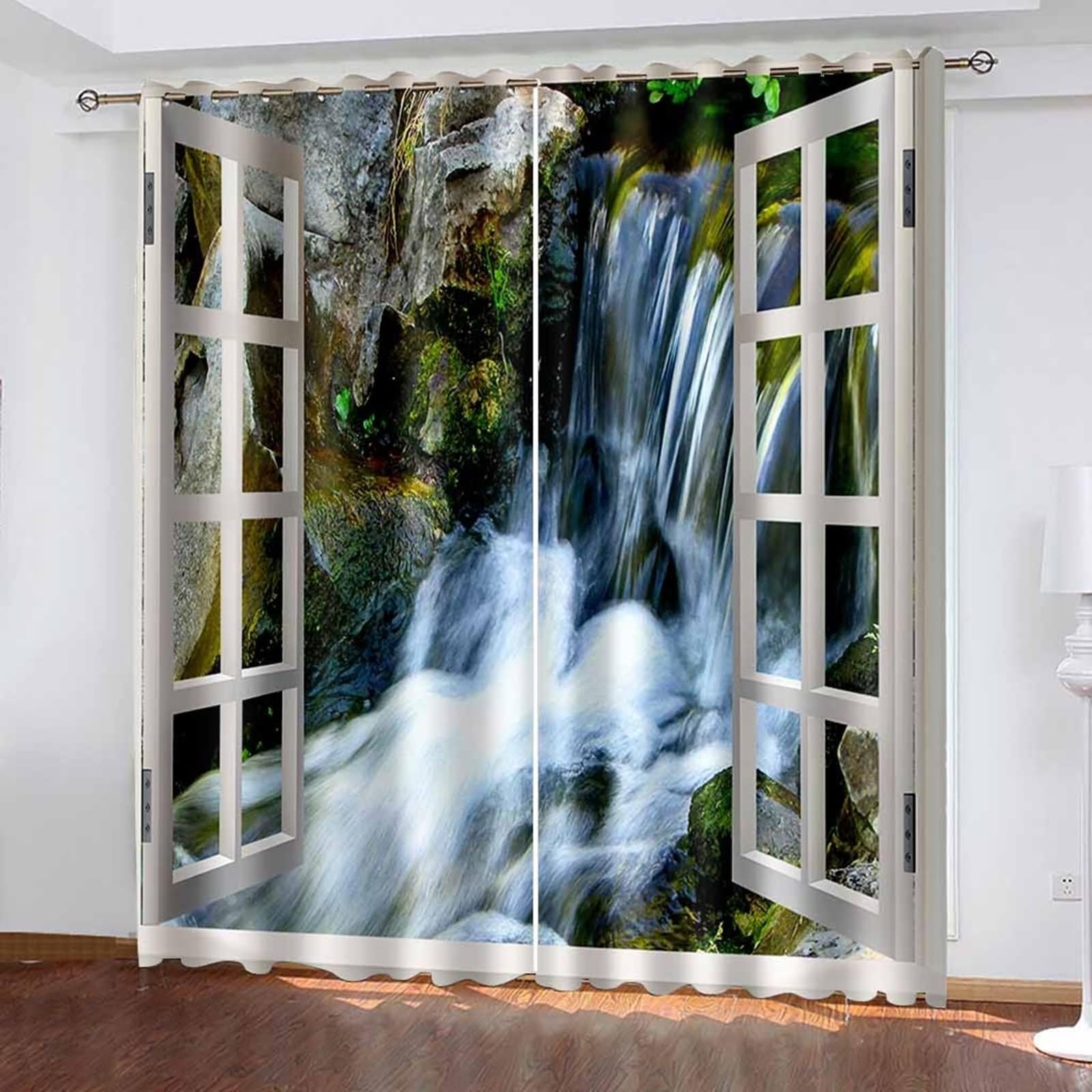 Rideau Fenetre Boheme, Rideau Fenetre Salle de Bain Multicolore Cadre de Fenêtre avec Paysage de Cascade Polyester 2 Panneaux 214x160cm