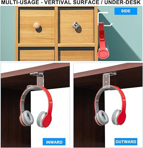 Miniatura 10 de Cosmos 2 ganchos para colgar auriculares debajo del escritorio, ganchos de montaje en pared con cinta adhesiva y juego de tornillos, compatibles con