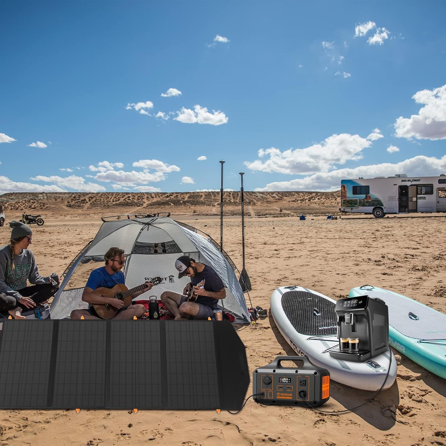 FlexSolar Caricabatterie da 120 W, con pannello solare, 20 – 28 V, uscita DC, IP65, impermeabile, moduli solari di emergenza per campeggio, camper e casa – Compatibile con Powerstation, generatori