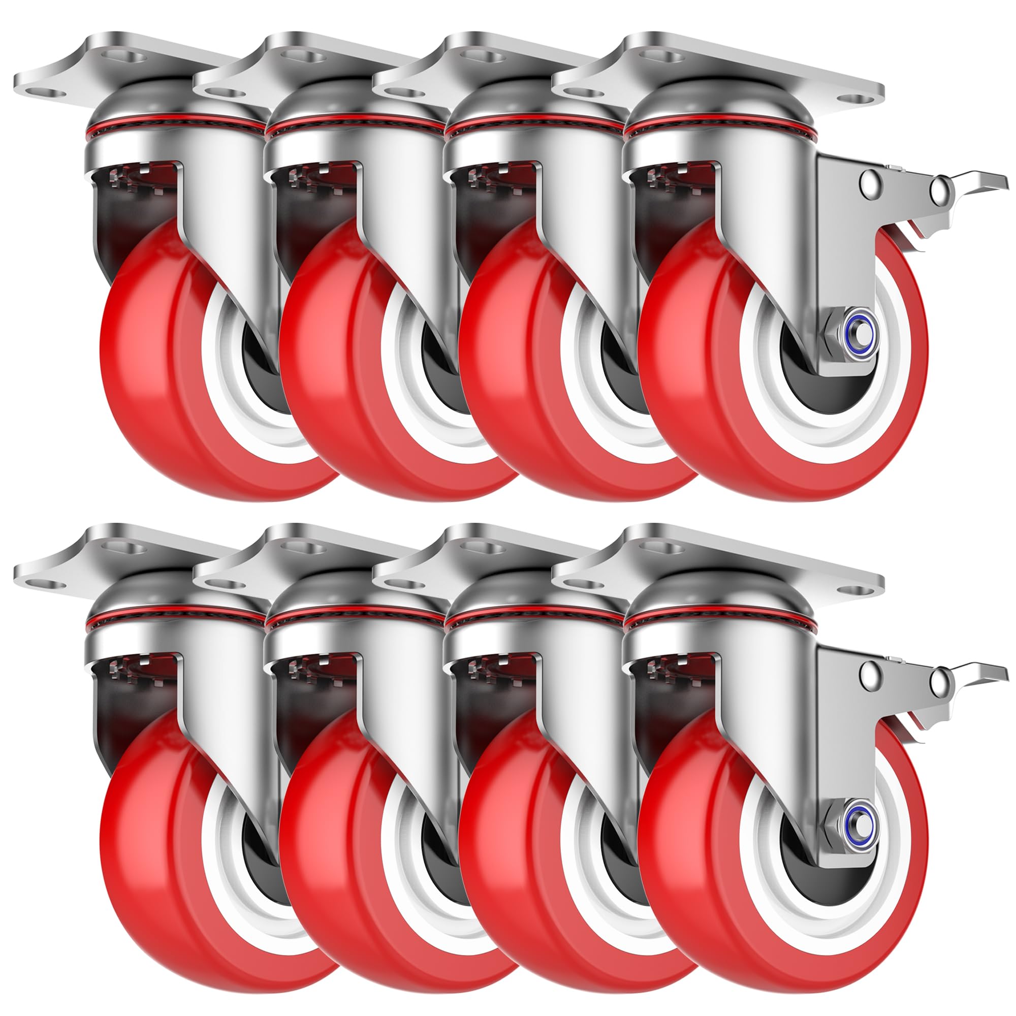 Deutnart 100mm Transportrollen mit Bremse, Extra Schwerlastrollen 700kg Tragfähigkeit, Langlebige Schmutzabweisende Lenkrollen (3. Generation, Verbesserter Premium Stahl, Solides Rad), 4er Pack, Rot
