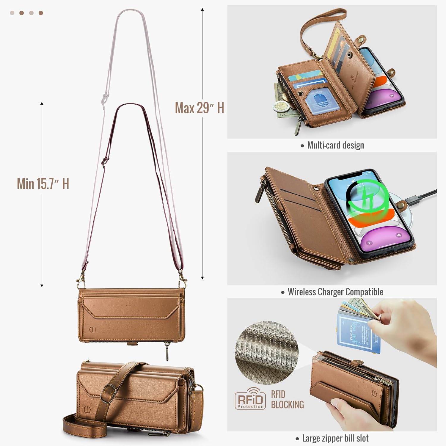 Strapurs Wallet Case Compatible with iPhone 11 RFID Blocking 7-Card Holder Soft PU Leather Magnetic Snap Shoulder Strap Zipper Pocket Phone Case Fit for iPhone 11 for Women 6.1" - Brown