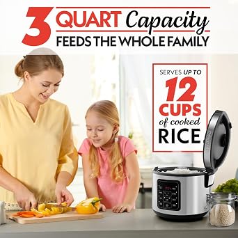 Gourmia Rice Cooker 3 Qt Capacity, 12 Cup Cooked, 6 Cup Uncooked, Digital Controls, Grain Cooker & Steamer, Built-In Steamer Basket, Nonstick Ceramic Pot, Delay Timer, Keep Warm, Stainless Steel