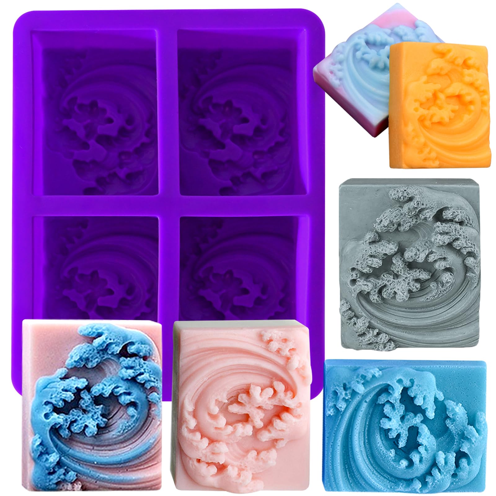 Ocean Wave Soap Molds, Square Sea Waves Silicone Mold 4-Cavity