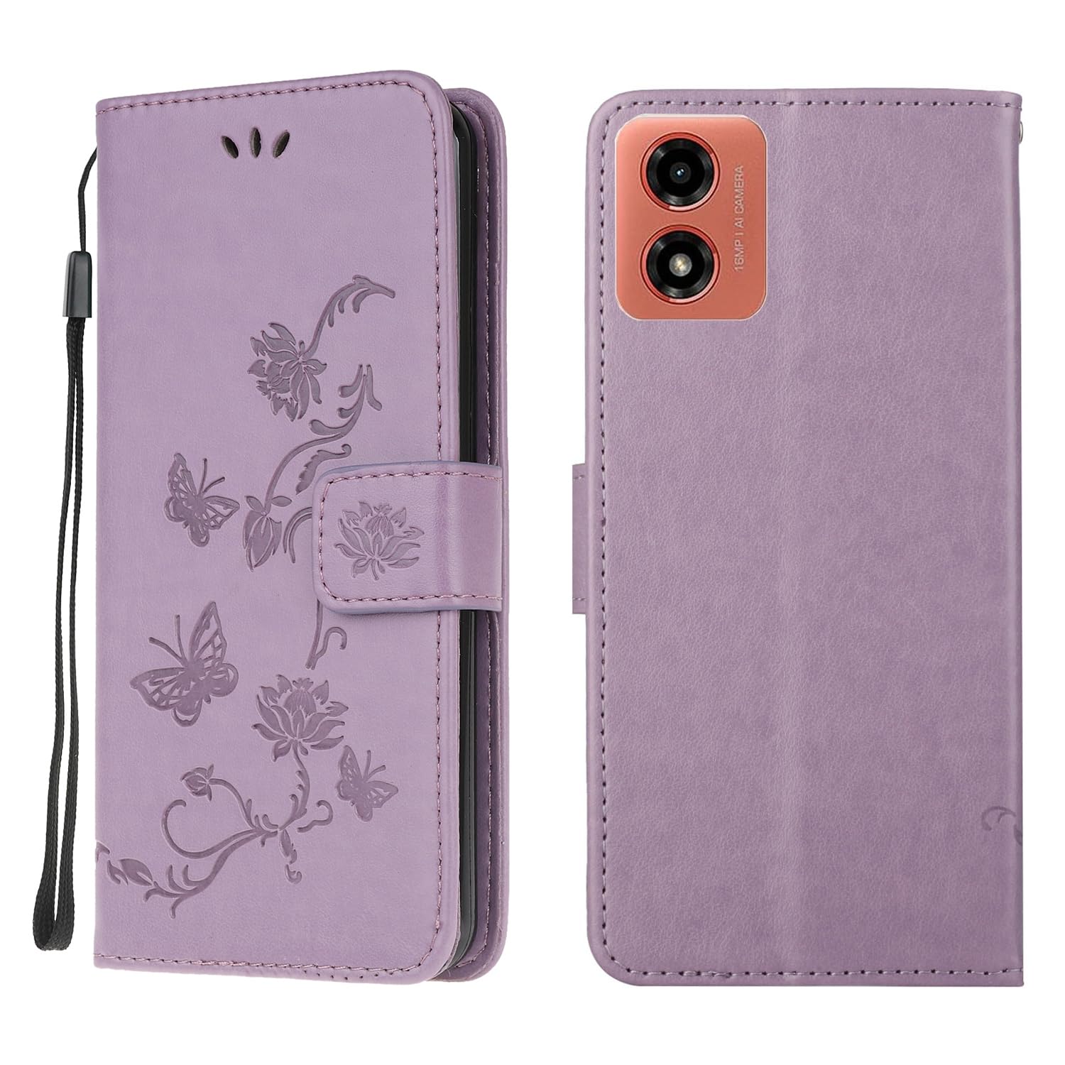 Wuhaizher Motorola E14 Case Motorola G24/G04 Cover Shockproof Leather Wallet Book Flip Folio Magnetic Stand View Case for Moto E14/G04/G24 Phone Cases Shockproof Cover Lotus Pattern, Light Purple