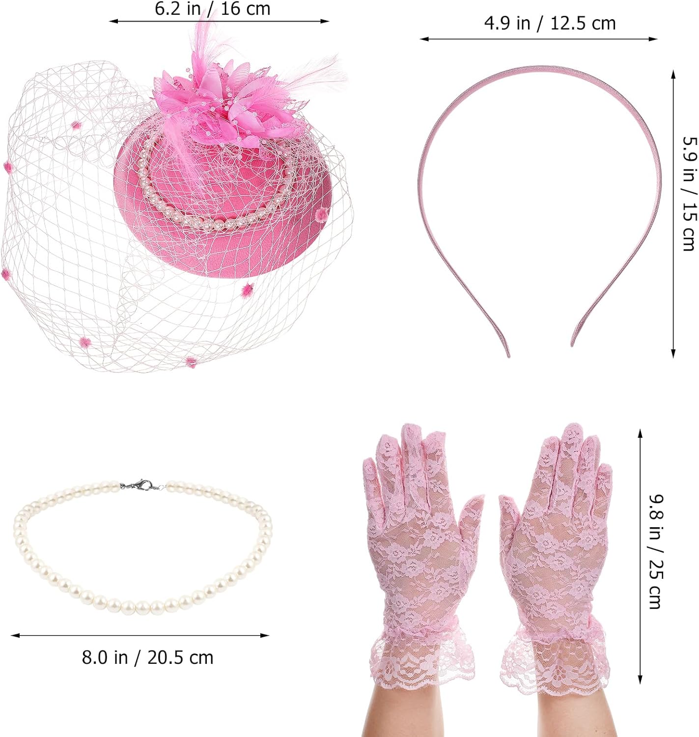 PRETYZOOM Fascinator Hat Set, Women's Tea Party Hat and Gloves Set with Pearl Necklace Headband, for Wedding Halloween Chirstmas Party, Pink - Image 5