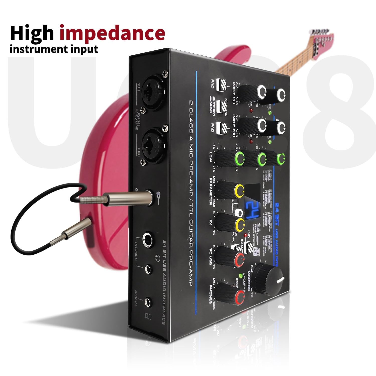 Interface Audio d'enregistrement de guitare à 5 canaux, 24 effets, égaliseur 3 bandes, 48V, Studio externe sans pilote