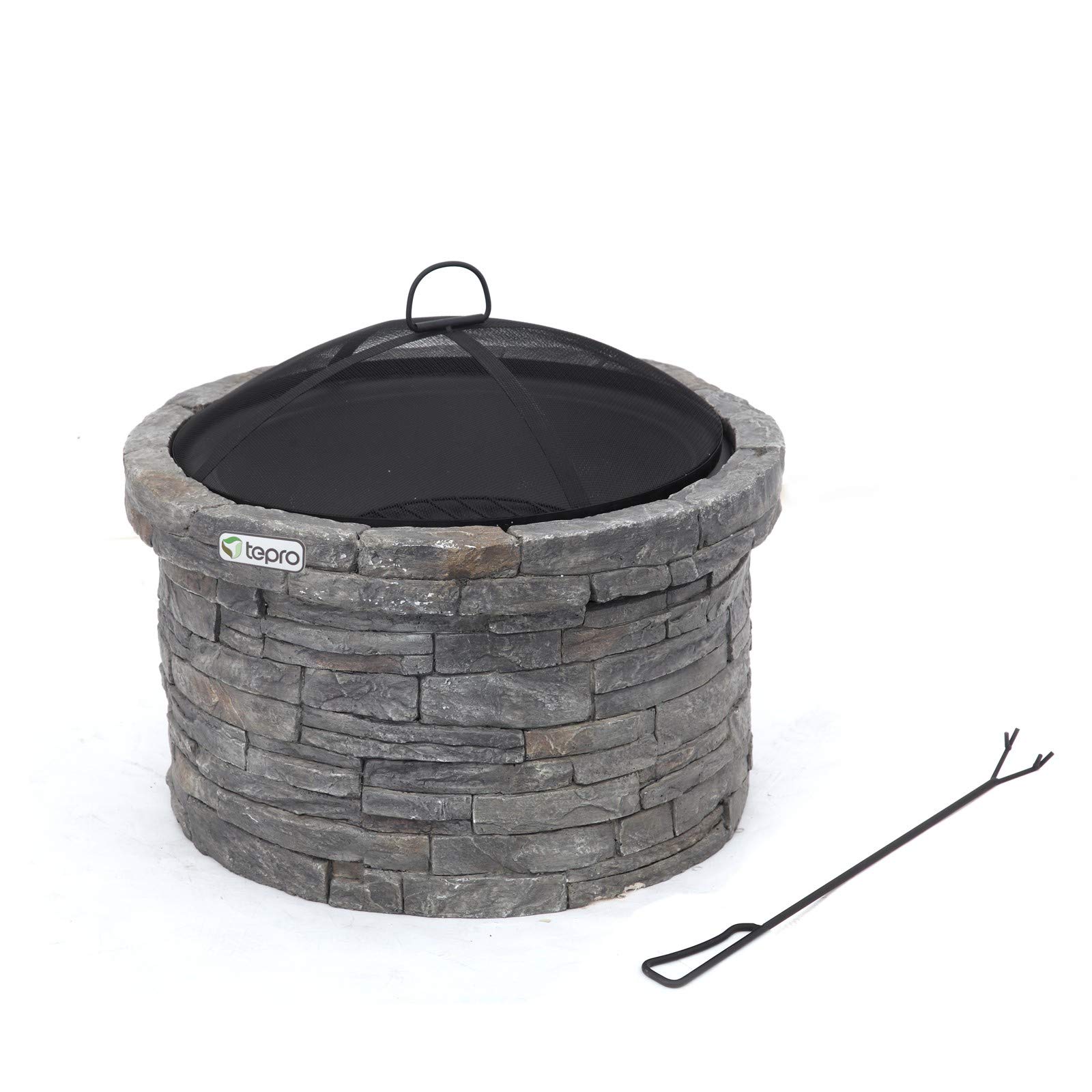 tepro Feuerstelle Gladstone Ø 67,5 cm – Outdoor Feuerstelle in eleganter Steinoptik mit Funkenschutz, Feuerrost & Schürhaken – dekorative Garten-Feuerschale mit feuerfester Stahlwanne