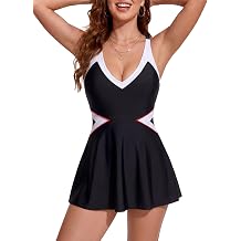 Smismivo Womens Swim Dress Tummy Control Color Block V Neck Swimsuit Skirted Full Coverage Bathing Suit Slimming Swimwear