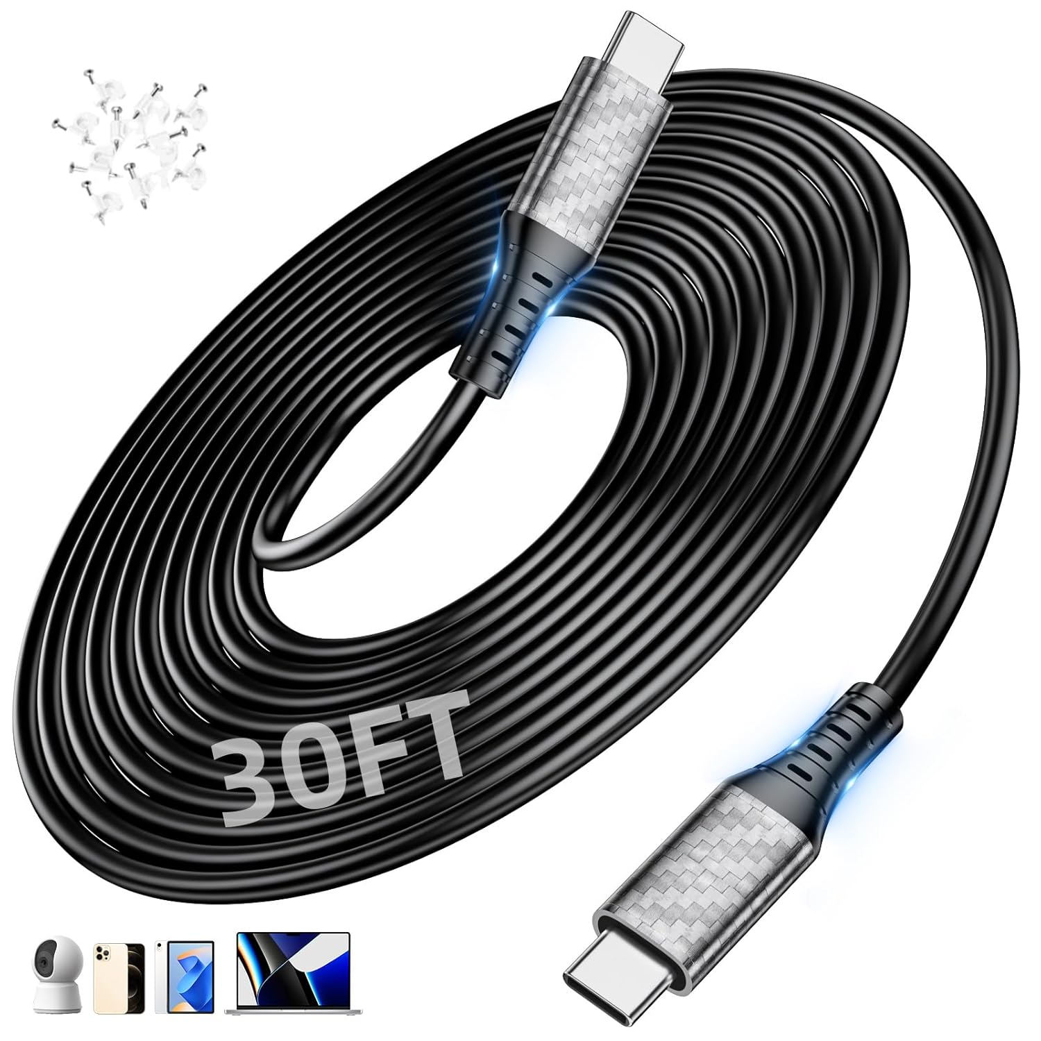 30ft USB C to USB C Cable Extra Long 60W PD Fast Charging Cable for MacBook/iPad Laptop, (Only Charge) Type-C Power Cord for iPhone 17 16 15/Samsung S26 S25 S24/Pixel 10 9/Security CCTV Camera, Black