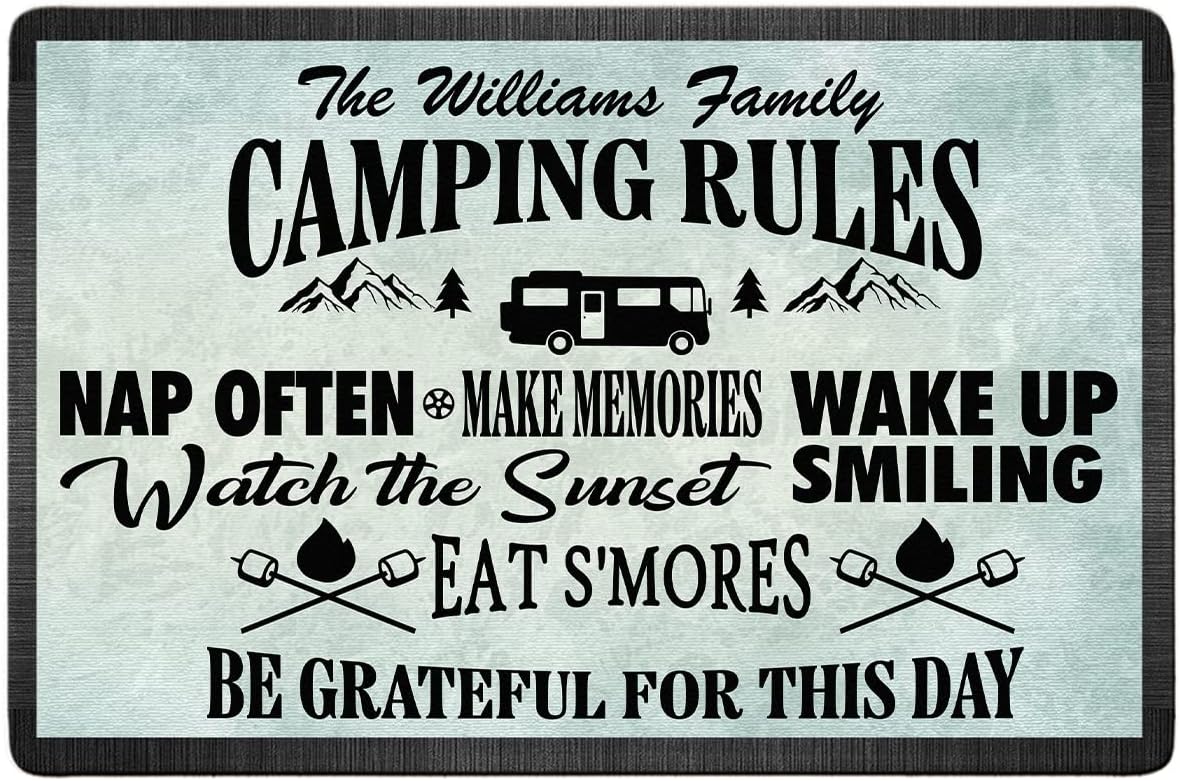 Personalized Camping Rules Welcome Doormat - Custom Family Name and RV Door Mat, Accessories for Inside Outside, Funny Campsite Decorations Travel Trailers Style 02, 16 x 24 inches