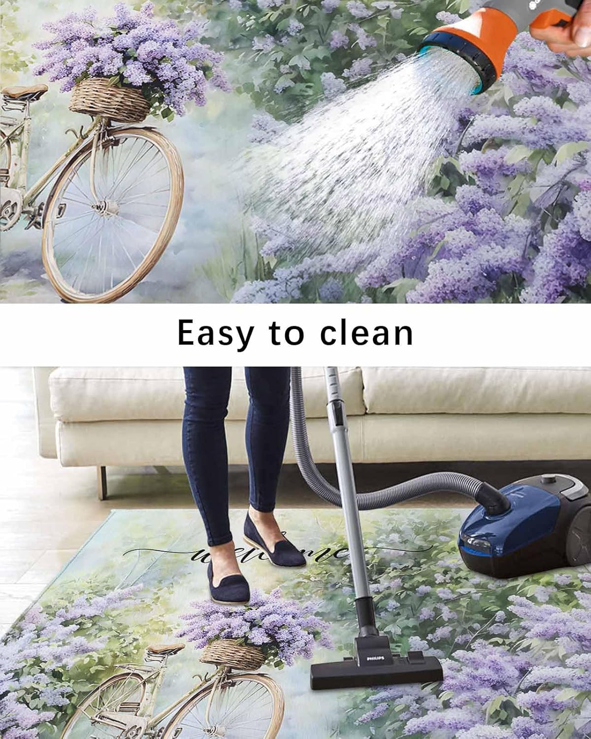 Outdoor Rug 4x6 ft Welcome Lavender Outdoor Large Area Rug Non Slip Rubber Bicycle Pastoral Floral Front Door Mat RV Rug Camping Carpet Patio Outdoor Rugs for Backyard Balcony Deck Porch Indoor