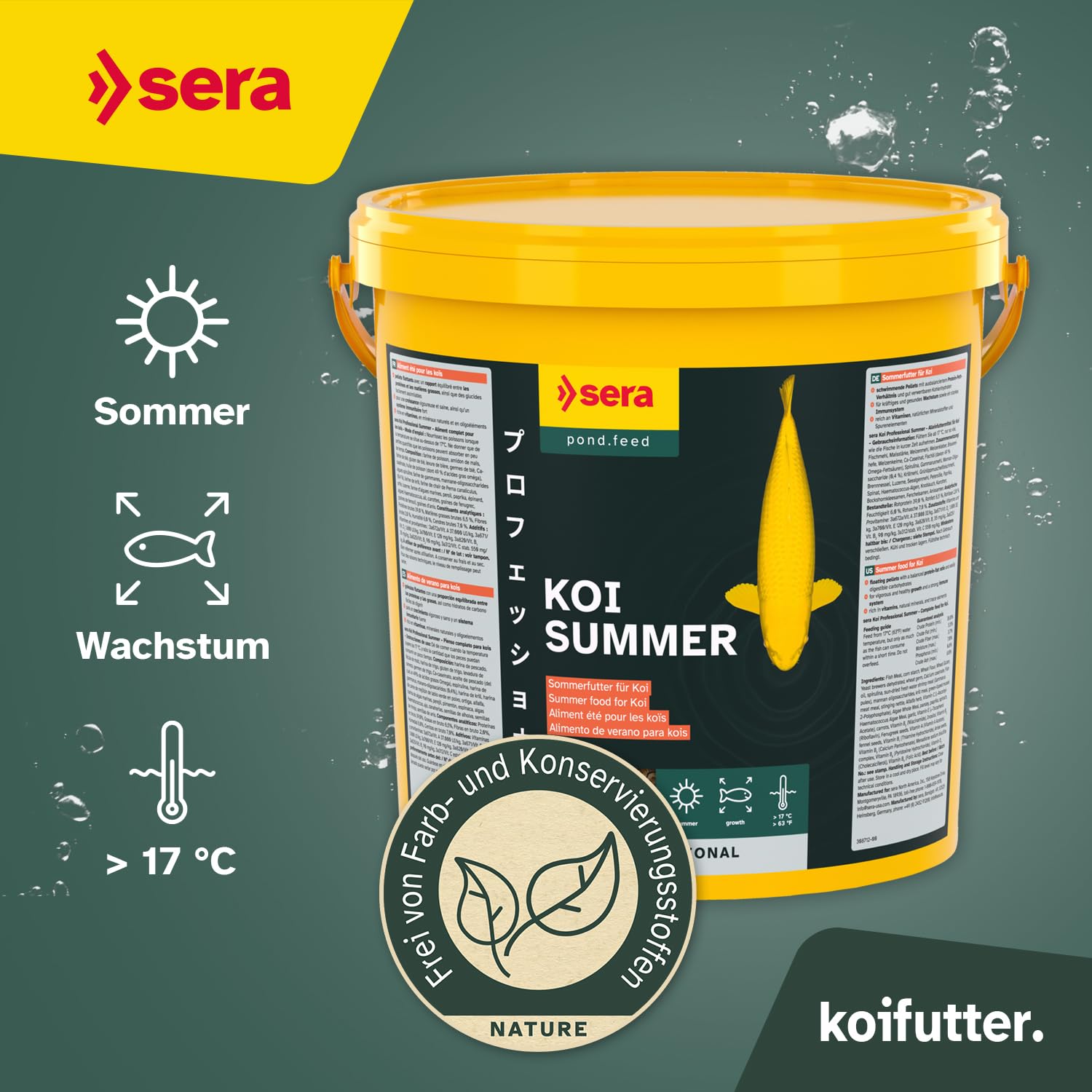 sera Koi Professional Summer 21 L (7 kg) | Energiereiches Fischfutter für aktive Fische im Sommer | Koi Futter für Temperaturen über 17 °C | Koifutter mit Ring-Kern-Pellets | Fischfutter Teich