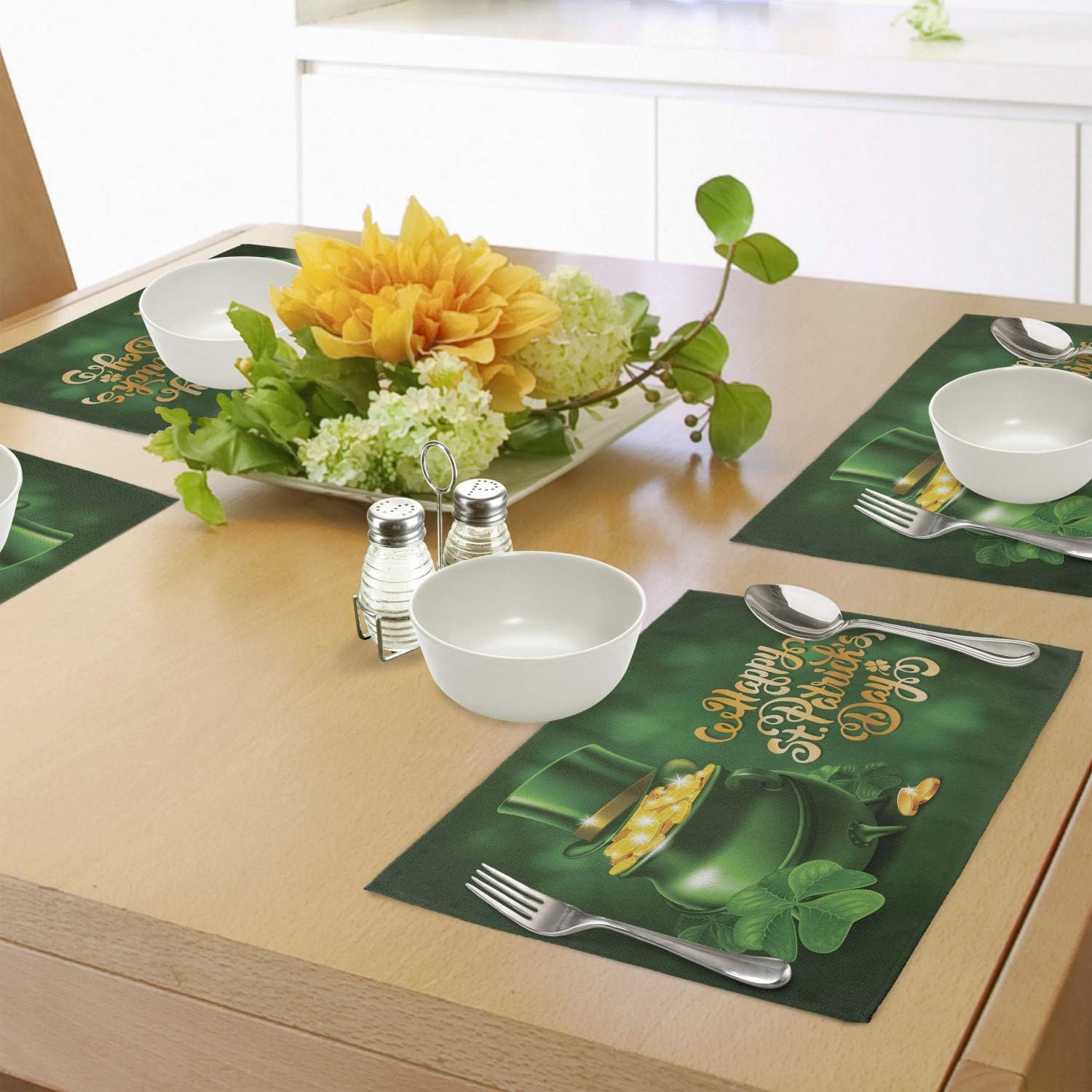 Ambesonne St. Patrick's Day Place Mats Set of 4, Large Pot of Gold Leprechaun Hat Shamrocks Greetings 17th March, Washable Fabric Placemats for Dining Table, Standard Size, Gold Emerald