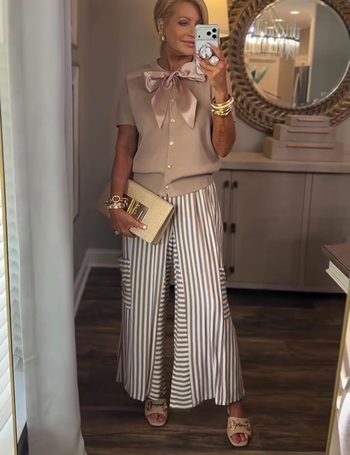 Bankeng Womens Summer Casual Striped Pants Loose Wide Leg Lounge Pants Elastic Waist Palazzo Trousers with Pockets