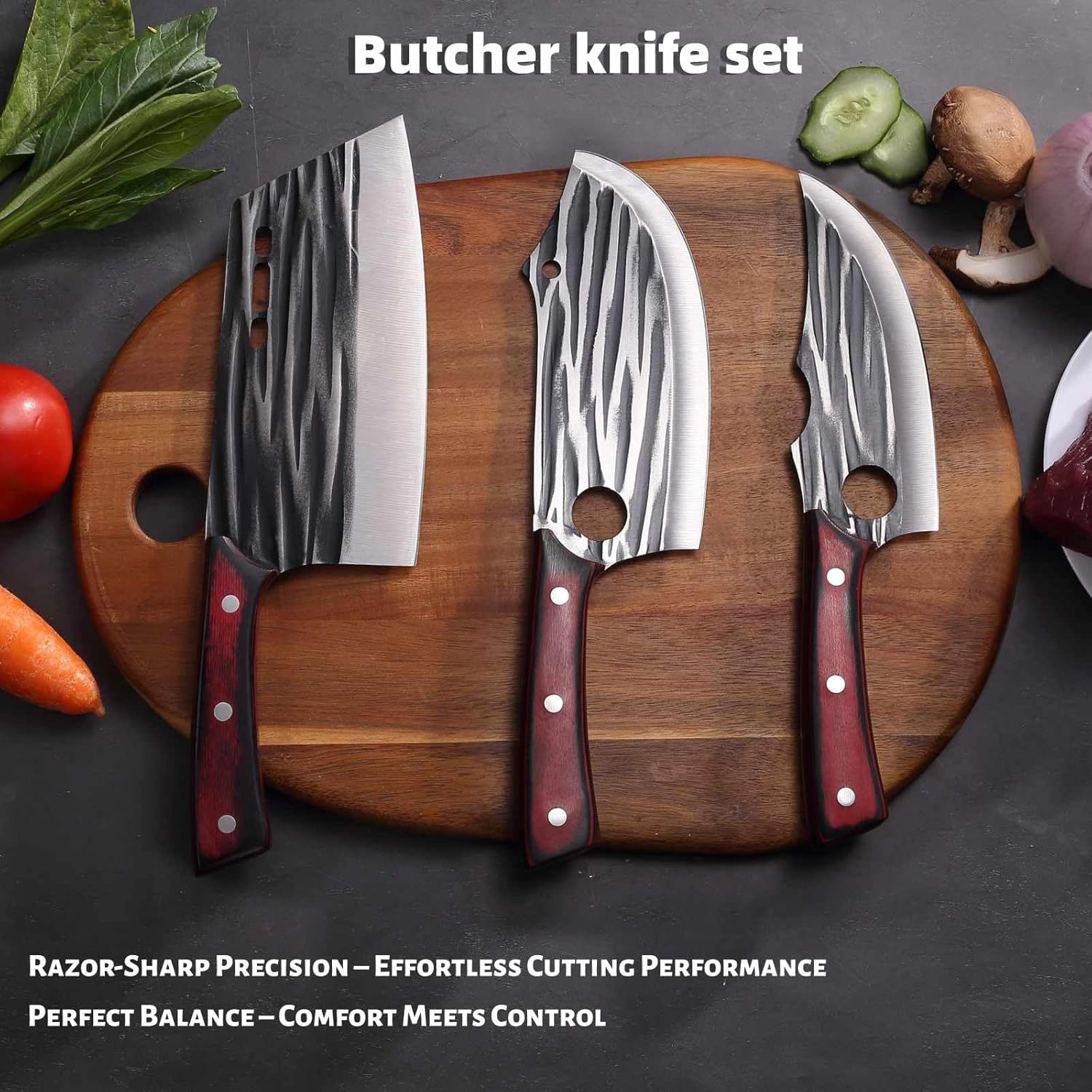 Butcher Knife Set with Bag，Meat Cleaver Full Tang Serbian Chef Knife High Carbon Steel for Meat Cutting Processing,Hand Forged Viking Carving Outdoor BBQ Camping Knife (3)