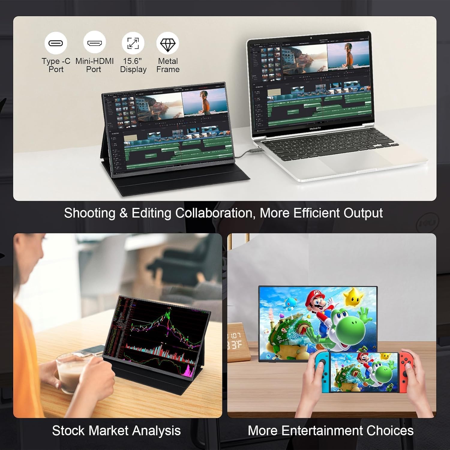 Portable Monitor 15.6" FHD 1080P IPS/HDR, USB-C/HDMI Second External Monitor for Laptop, Desktop, MacBook, Phones, Tablet, PS5/4, Xbox, Switch, Ultra-Slim Built-in Speaker with Smart Cover