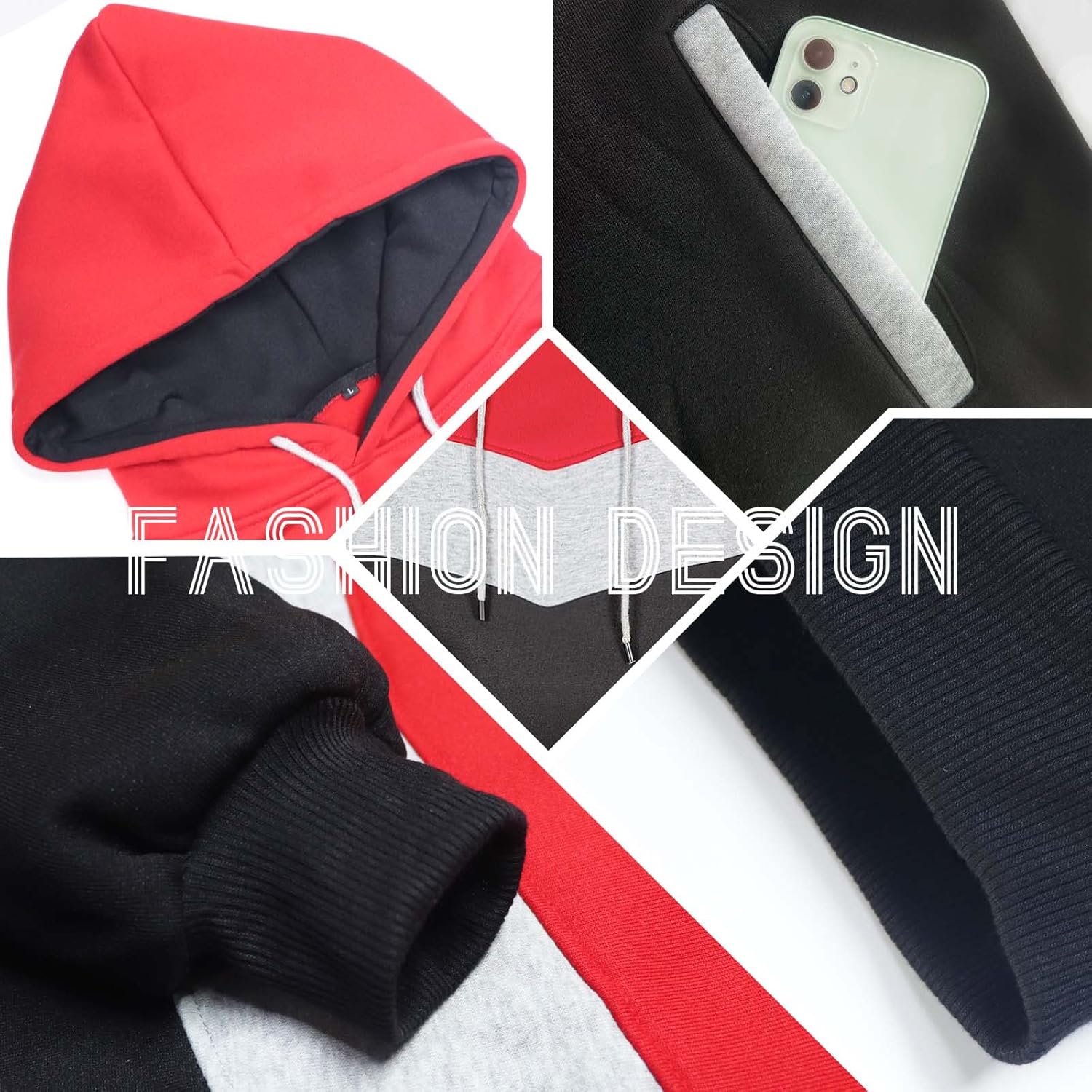 Keasmto Mens Hoodies Pullover Sweatshirt Color Block Fleece Long Sleeve Patchwork Casual Hoodie with Pockets - Image 5