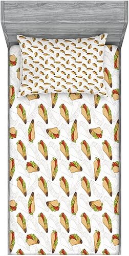 Miniatura 15 de Ambesonne Juego de sábanas bajeras y fundas de almohada, deliciosos tacos con verduras, cocina folclórica, ingredientes de recetas de comida Beige