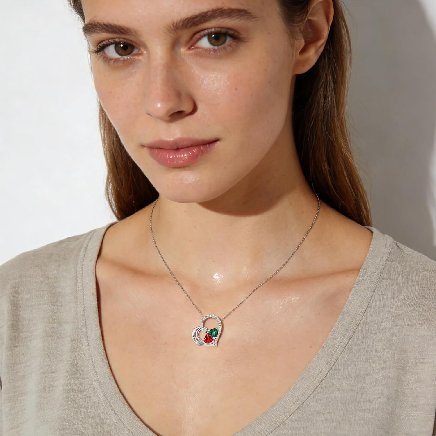 Double Birthstone Heart Necklace 0.8CT Dual-Gemstone S925 Sterling Silver Plated White Gold Engraved I Love You Perfect Anniversary/Valentine's Day Gift for Wife/Girlfriend/Mom/Daughter - Image 6