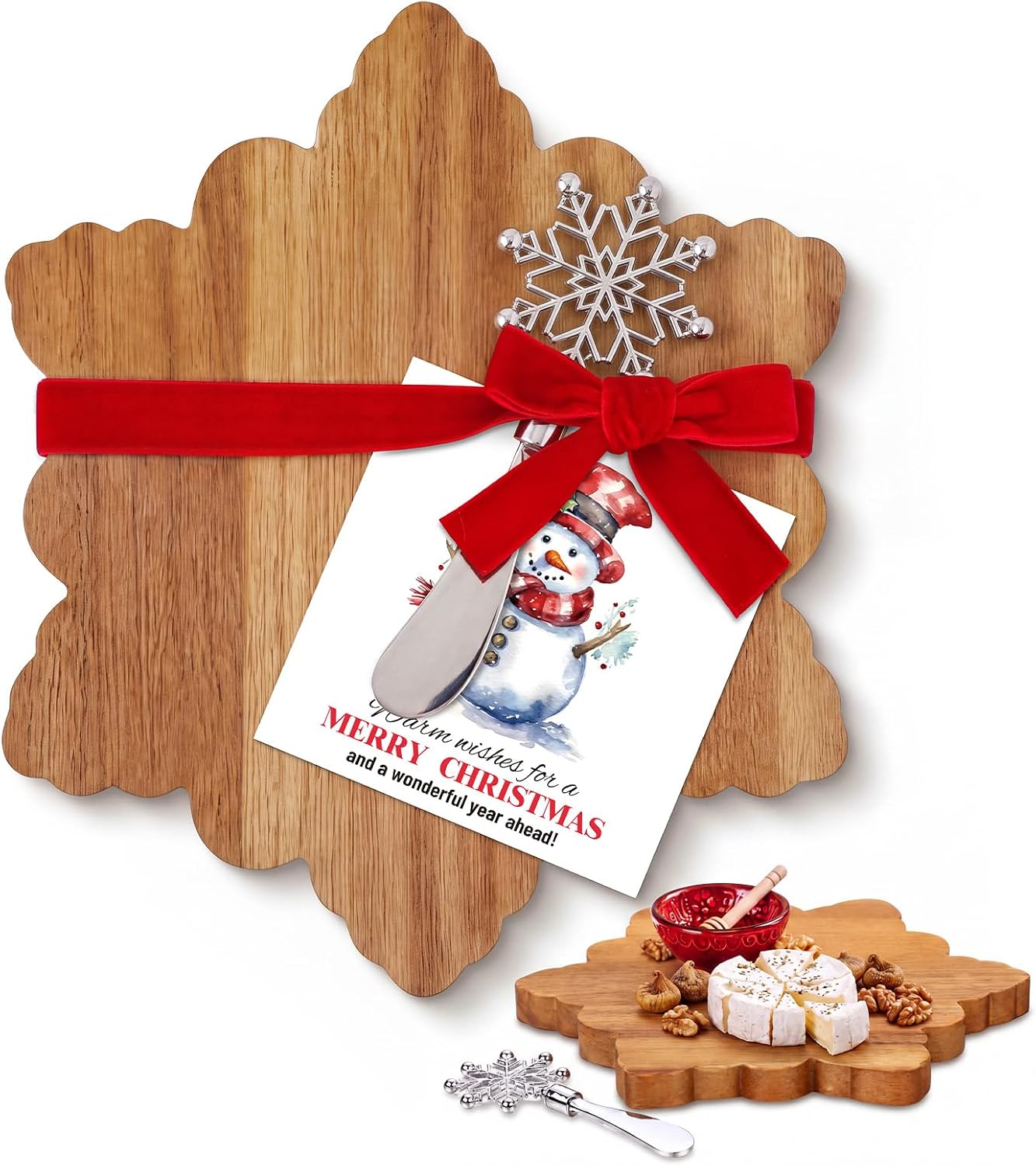 Newtay Thanksgiving Pumpkin Cutting Board Spreader Gift Sets Include Acacia Cheese Board Pumpkin Spreader Knife Xmas Greeting Cards Red Velvet Ribbon for Holiday Neighbor Teacher Gifts