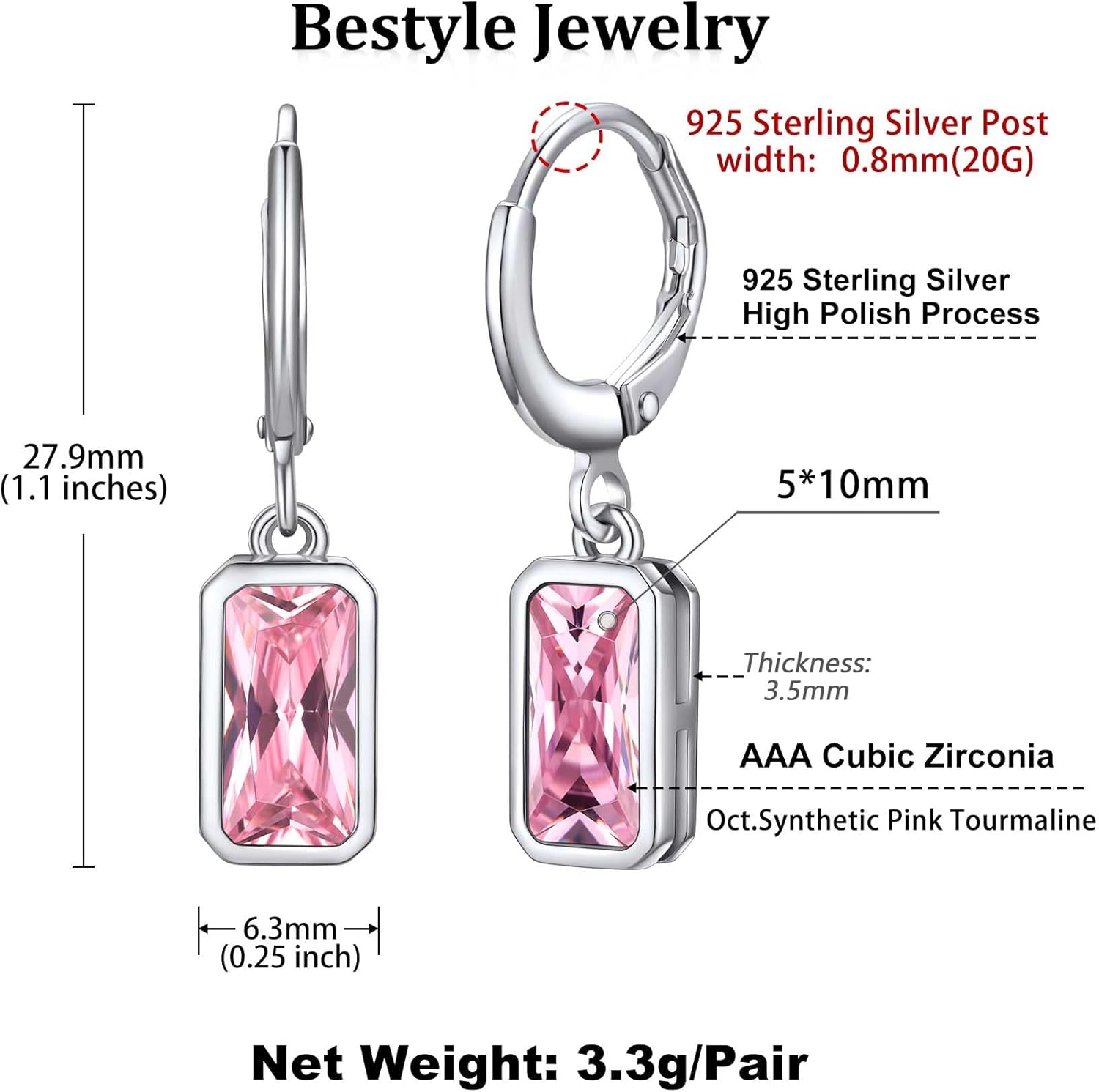 Bestyle Sterling Silver Small Dainty Birthstone Drop Earrings for Women with Rectangular Baguette Crystal & Huggie Hoop Silver Dangle Earring for Wedding Birthday Everyday Wear - Image 6