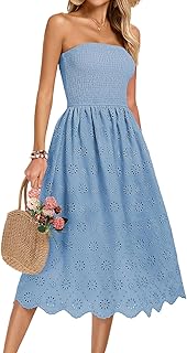 Kate Kasin Women's Summer Strapless Dress Off Shoulder Smocked Casual A Line Eyelet Beach Wedding Guest Midi Dress - Buy now