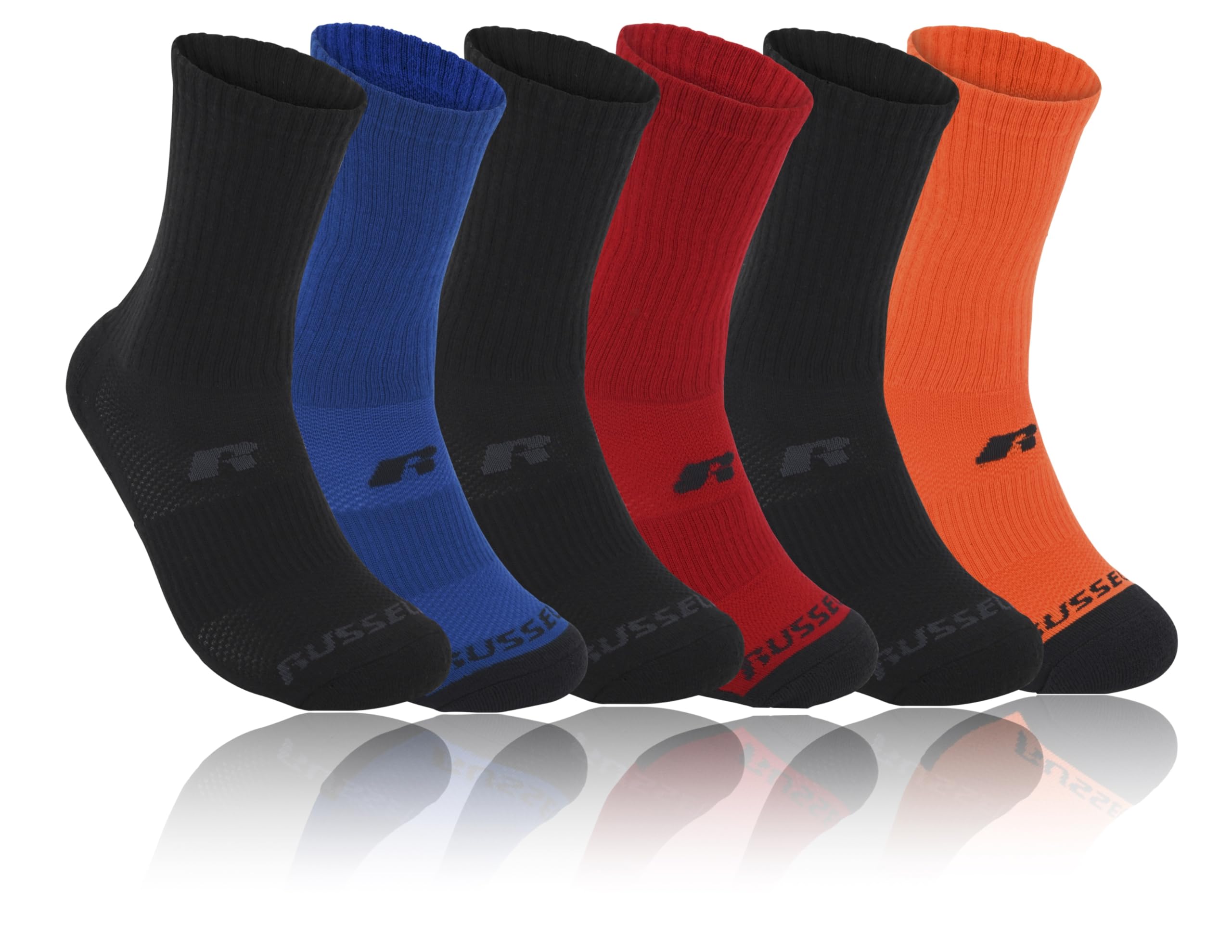 Russell Athletic 6-Pack Crew Socks for Boys, Breathable & Comfortable Sports Socks, Soft Padded Boy's Athletic Socks, 9-11