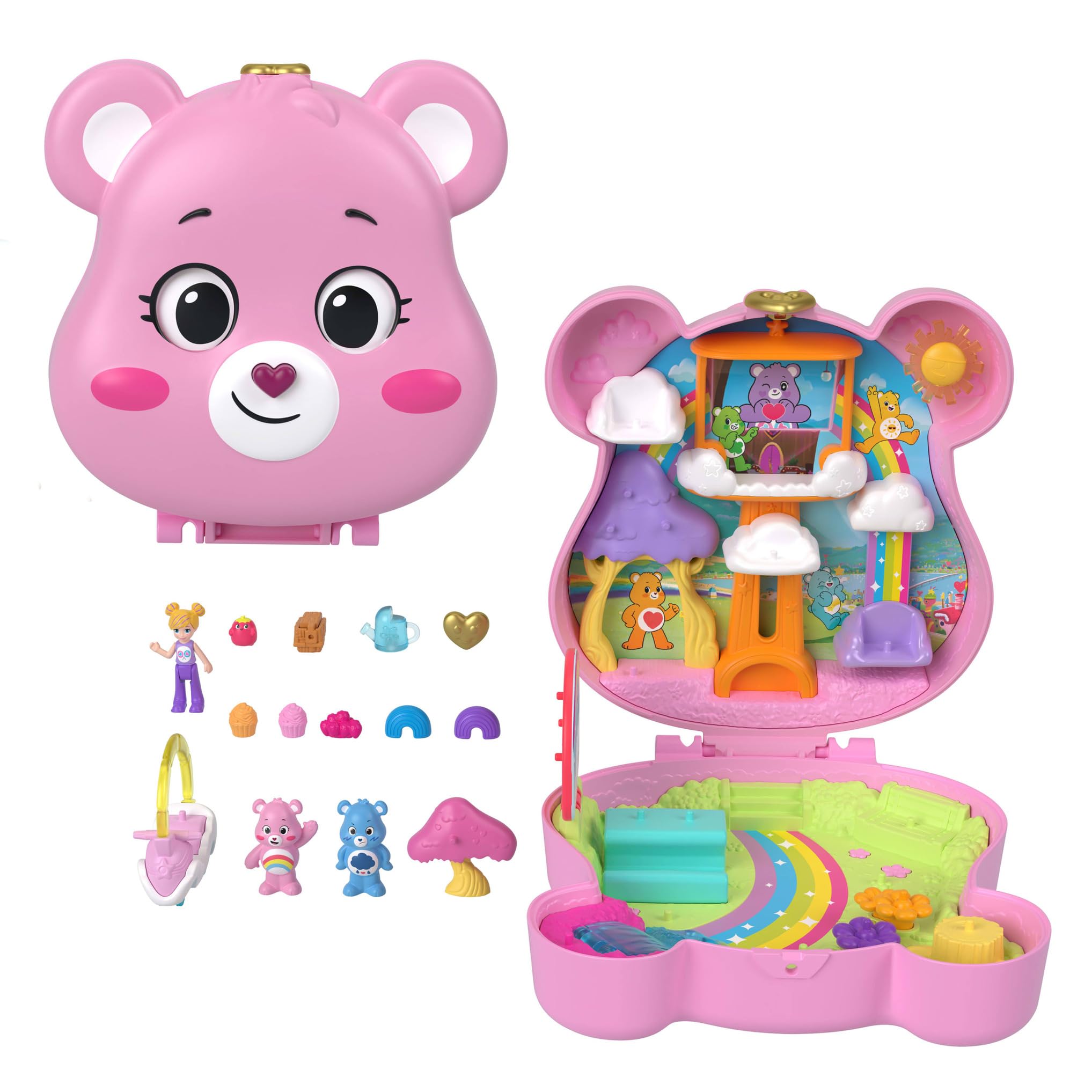 Polly Pocket y los Osos amorosos Conjunto de juego, juguete de viaje con muñecas, coche de juguete y accesorios temáticos, estuche de colaboración, JCC14