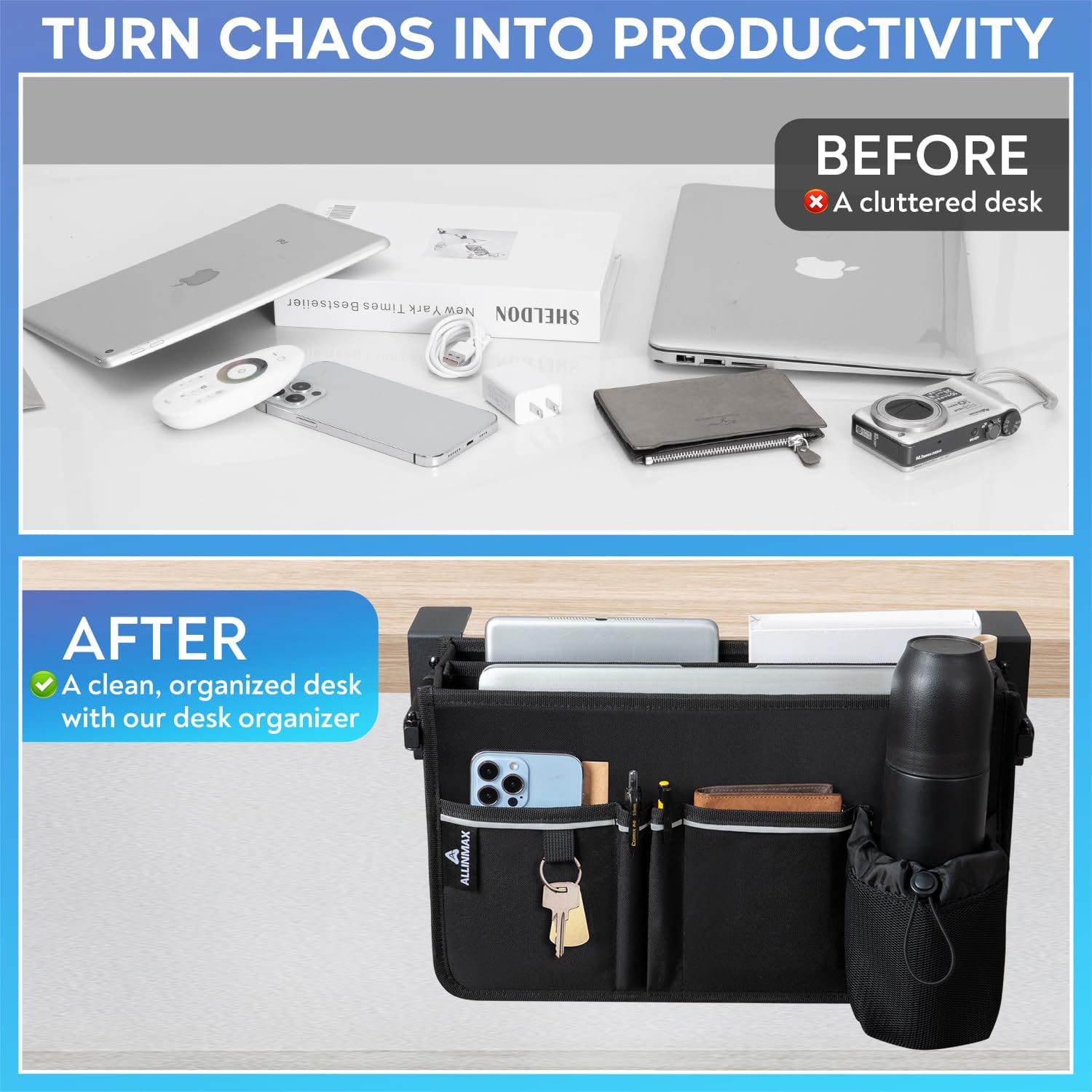 Side Desk Laptop Holder for Up to 3 Laptops, Side Desk Organizer with Adjustable Divider & Bottle Pocket, Soft-Lined Interior, Clamp Mount Side Desk Storage, Fits 0.6″-3.2″ Flat Edge