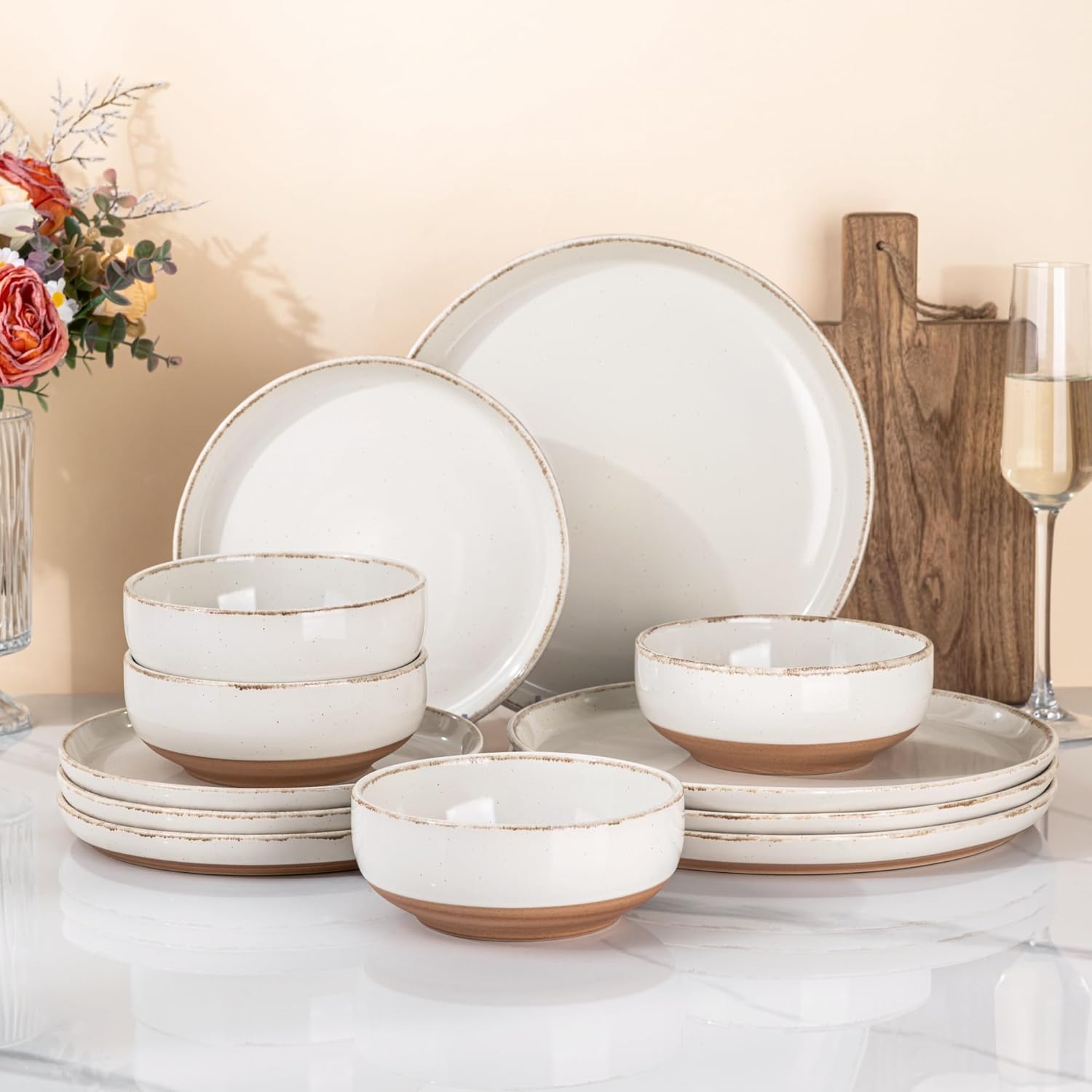 AmorArc Ceramic Dinnerware Sets for 4, 12 Pieces Handpainted Plates and Bowls Set with Rustic Terracotta Underside, Scratch Resistant Stoneware Dishes Set, Dishwasher & Microwave Safe, Beige