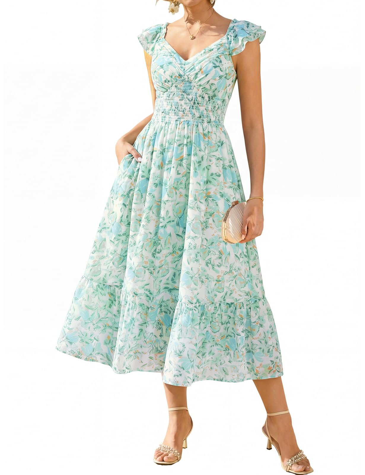 GRACE KARIN Vestido floral de verano para mujer, con bolsillos, cuello en V, mangas con volantes, vestido acampanado para mujer, vestidos de invitada de boda, vestidos de vacaciones, estilo bohemio