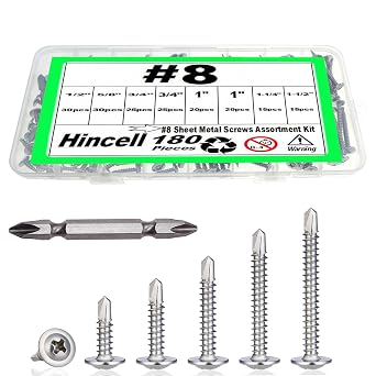 180pcs #8 Sheet Metal Screws Assortment Kit,Hincell 410 Stainless Steel Self Tapping Screws for Metal,Self Drilling Screw, 6 Sizes 1/2", 5/8", 3/4", 1", 1-1/4", 1-1/2" Silver