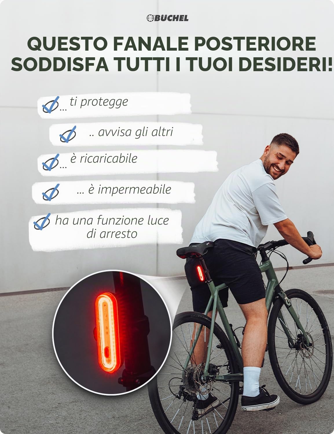 Büchel - Fanale posteriore per bicicletta a LED, ricaricabile, omologato StVZO, fanale posteriore per bicicletta, fanale posteriore per bicicletta