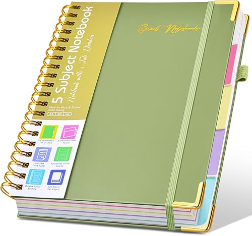 Cuadernos en espiral de tapa dura para el trabajo, cuaderno de 5 materias a rayas universitarias con pestañas divisorias, cuaderno organizador