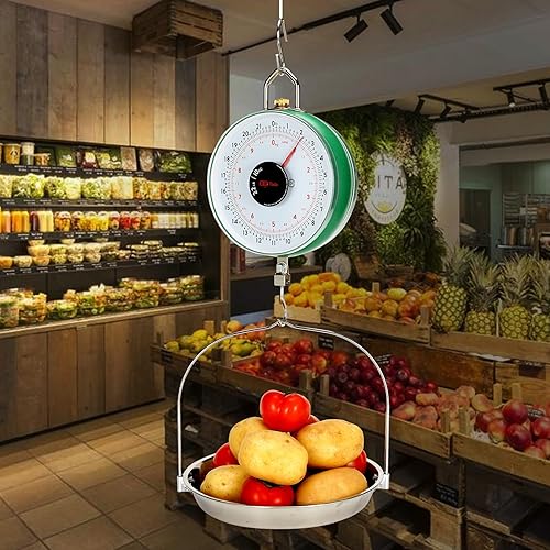 Miniatura 6 de Tada Báscula mecánica colgante con pantalla de doble cara de 22 libras con bandeja de pesaje para granja, cocina y pesaje de productos