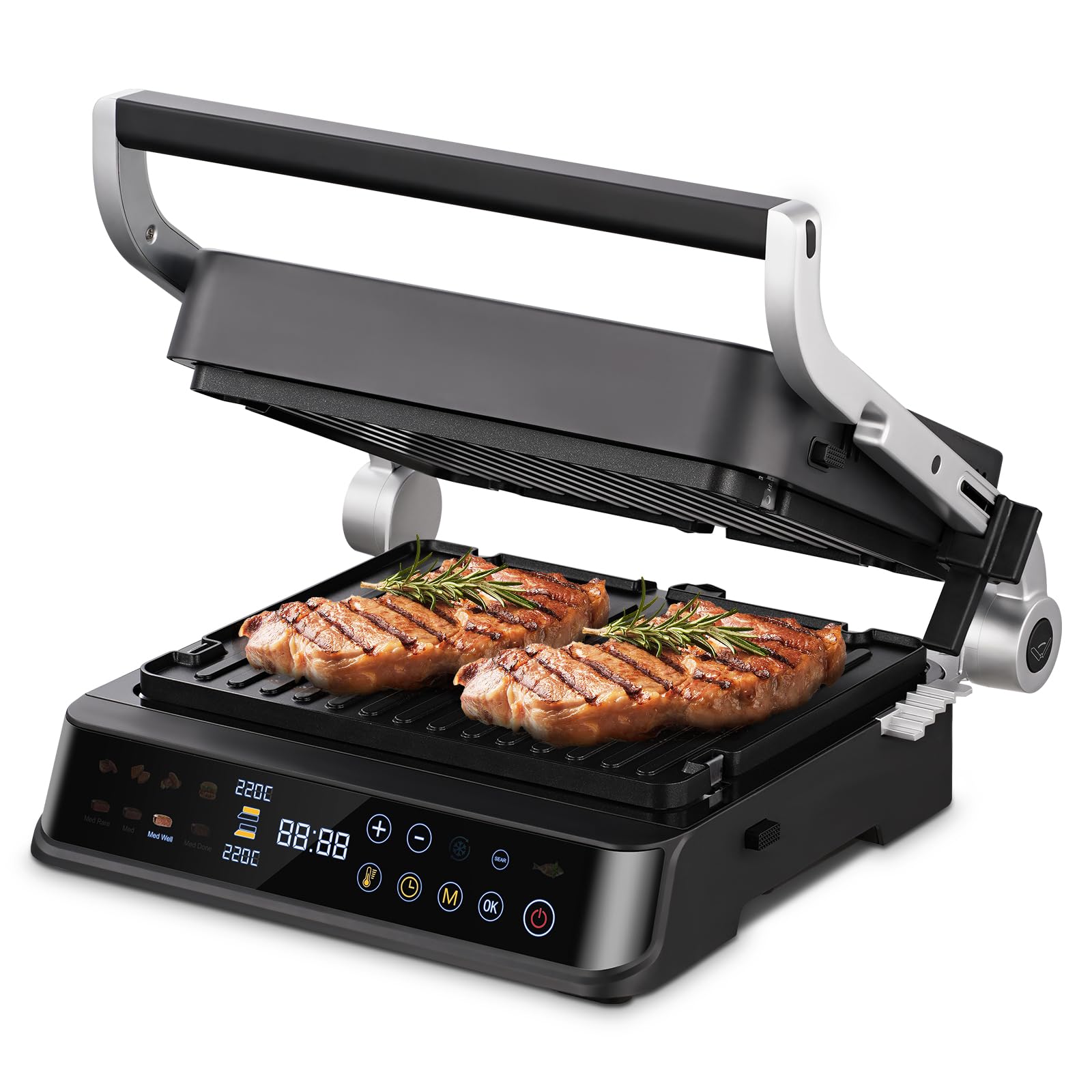 AMZCHEF parrilla eléctrica con 6 programas, función Sear hasta 280 °C, modo manual, sensor de temperatura, placas desmontables y bandeja para gofres. Ideal para carne, pescado, paninis y gofres