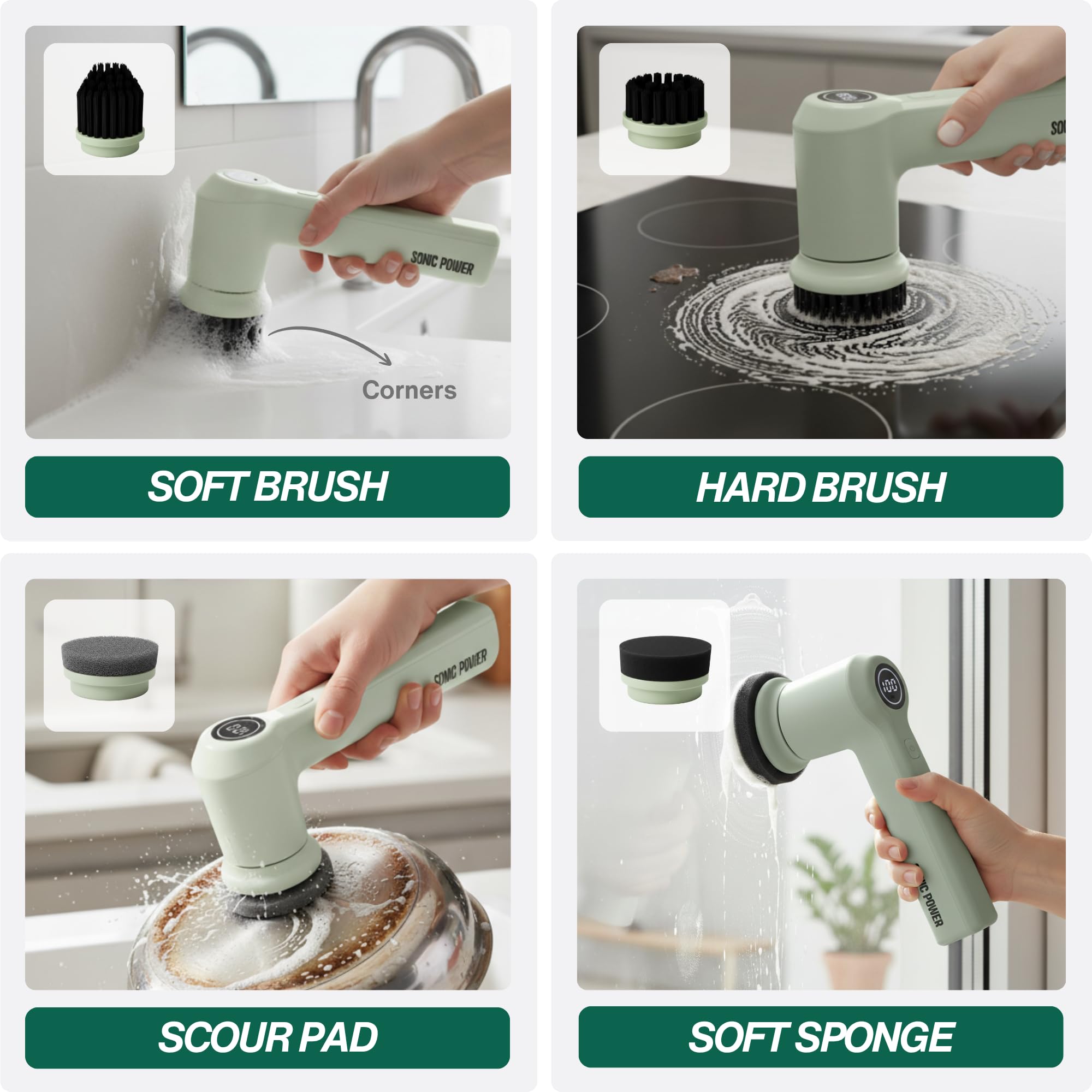 SonicPower Limpiador giratorio eléctrico, de mano y ergonómico, impermeable IPx7, 4 accesorios multiusos incluidos, batería recargable de larga duración (salvia)