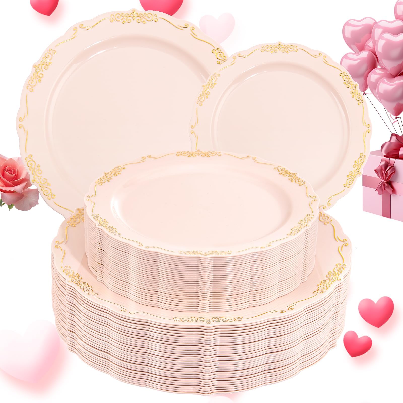 DaYammi 60Pcs Pink and Gold Plastic Plates