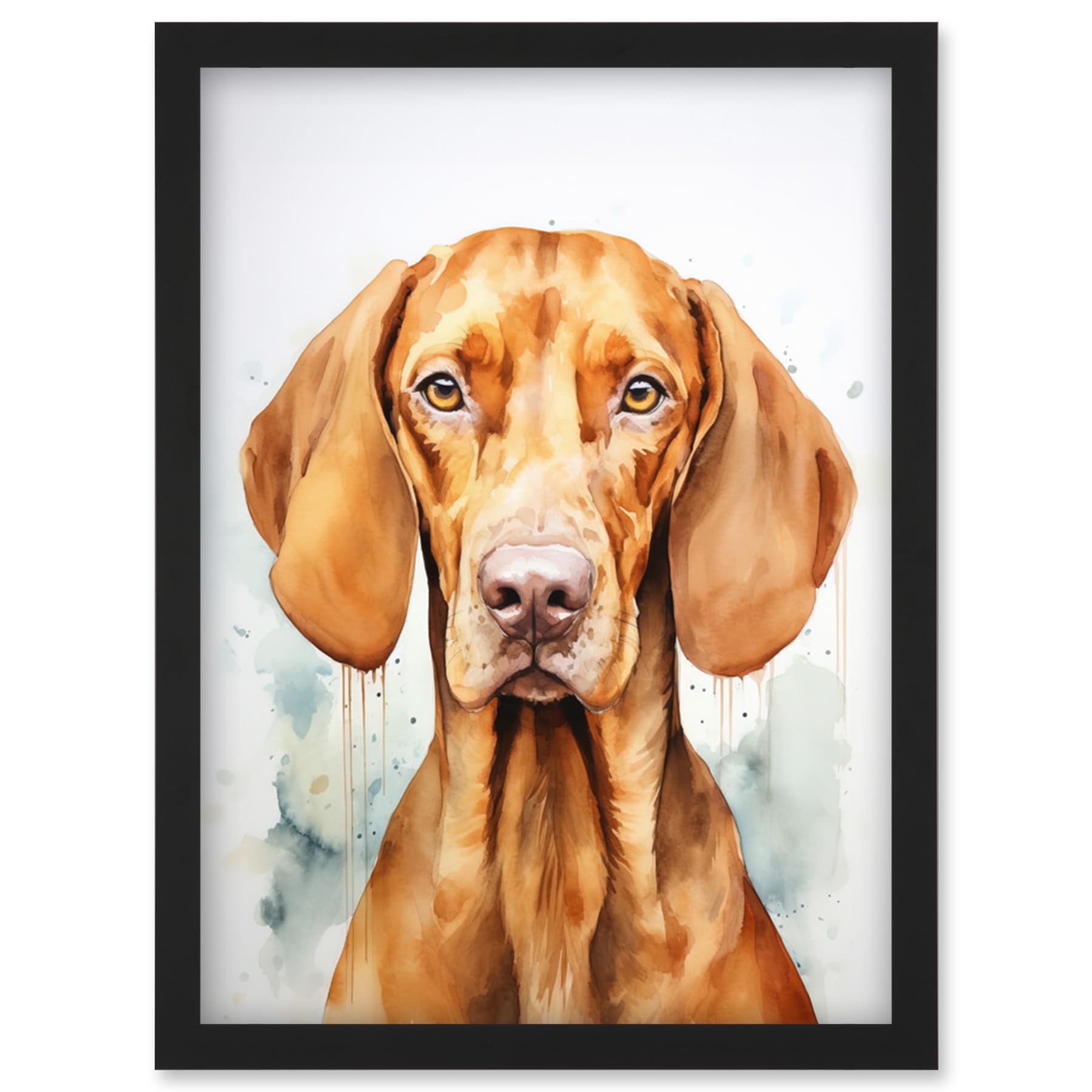 Artery8 Hungarian Vizsla Dog Soft Watercolour Artwork Golden Rust Teal Bright Portrait Artwork Framed Wall Art Print A4