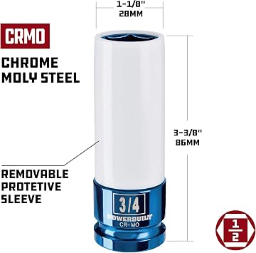 Powerbuilt 2 Piece SAE Impact Lug Nut Socket, 3/4-Inch and 13/16-Inch Non-marring and Thin Wall Lug Nut Socket, 1/2 Inch Drive, Protects Lug Nuts from Damage - 642396