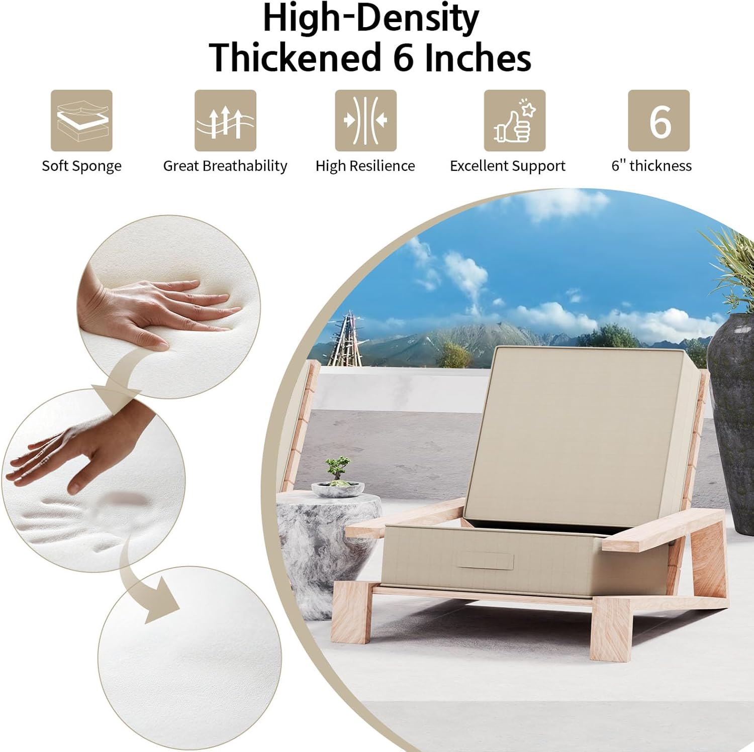 2 PCS Outdoor Water-Resistant Olefin Deep Seat Cushion Set, 23 x 26 x 6 Inch Weather and Fade Resistant Patio Furniture Chair Cushion, Thickened Sofa Seat Pad with Straps, Beige