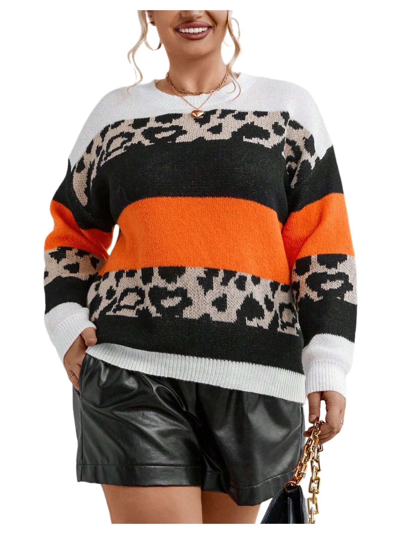 SweatyRocks Womens Plus Size Striped Leopard Sweaters Pullover Crewneck Long Sleeve Knit Tops