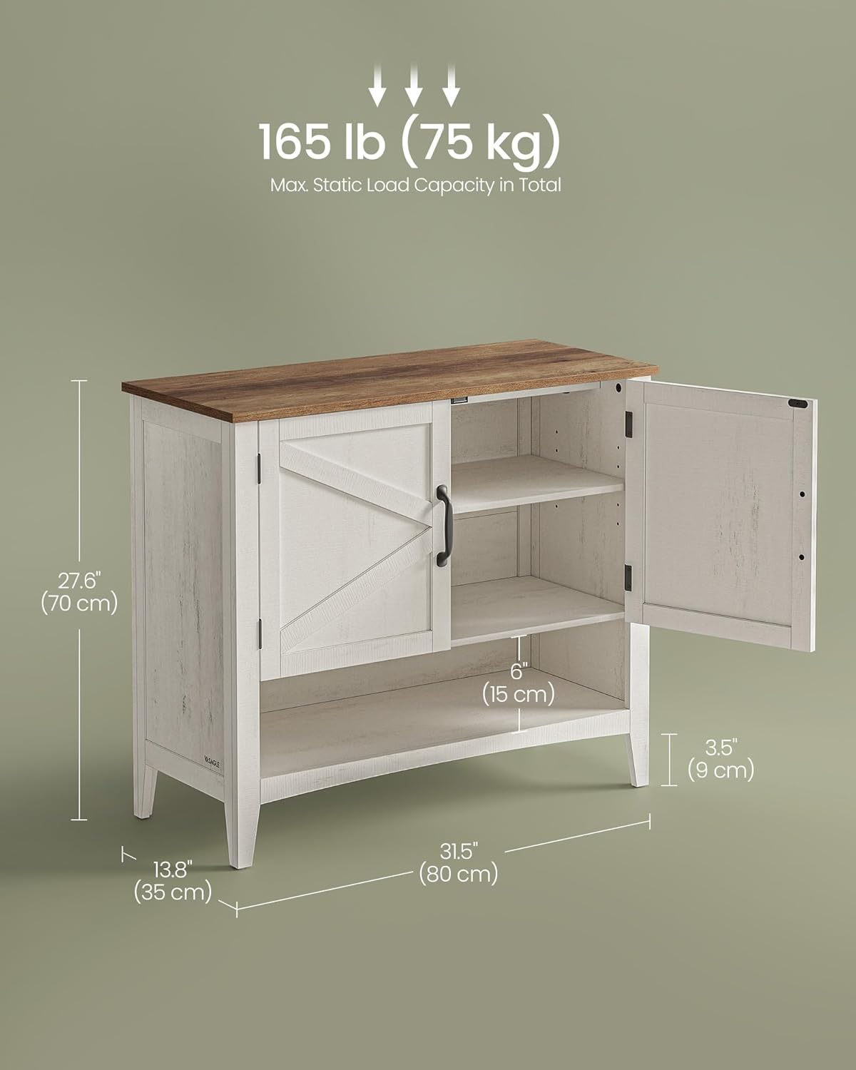 Diagram showing the dimensions of the VASAGLE Shoe Cabinet: 13.8 inches deep, 31.5 inches wide, and 27.6 inches high. It also indicates a maximum static load capacity of 165 lb (75 kg).