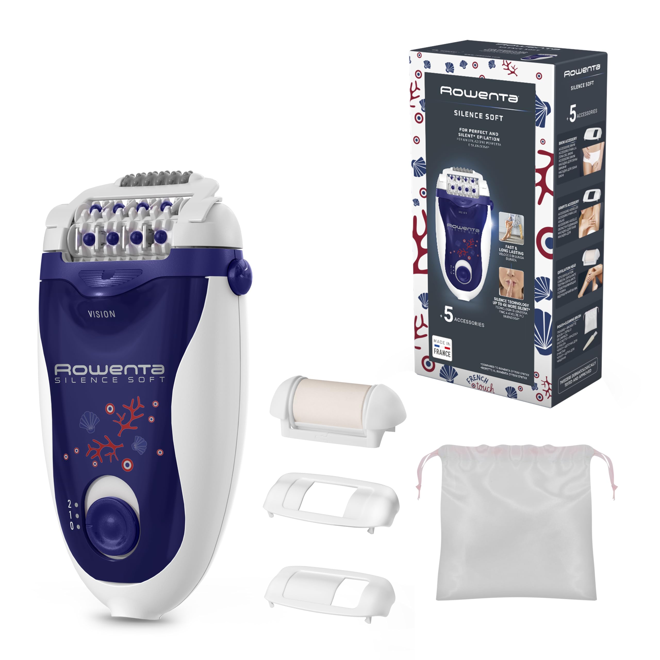 Depiladora Rowenta Silence Soft, dispositivo de depilación suave, función de visión, eficiencia multiángulo, accesorios para áreas sensibles y exfoliación, EP5625F0